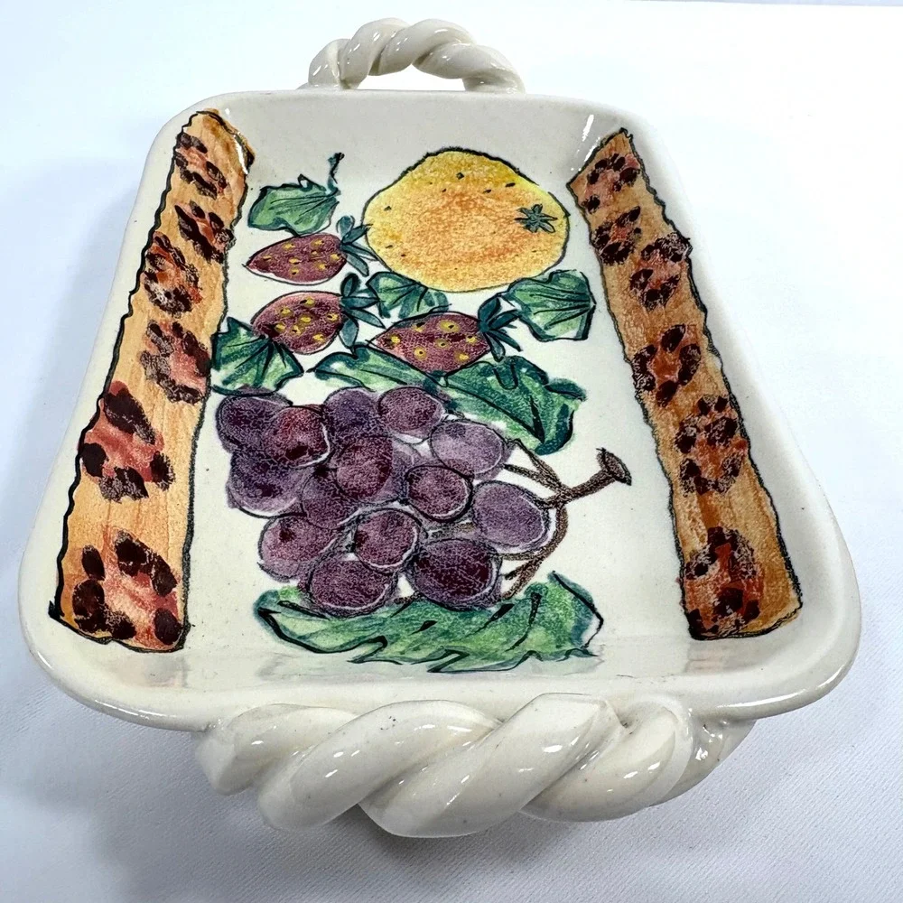 Monicats Art Pottery Handmade Ceramic Serving Tray Fruit Pattern Twisted Handles